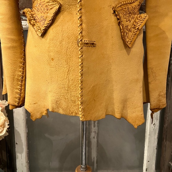 Vtg BUCKSKIN LEATHER Jacket PYROGRAPHY THUNDERBIRD Whipstitch FESTIVAL East West - Picture 10 of 16